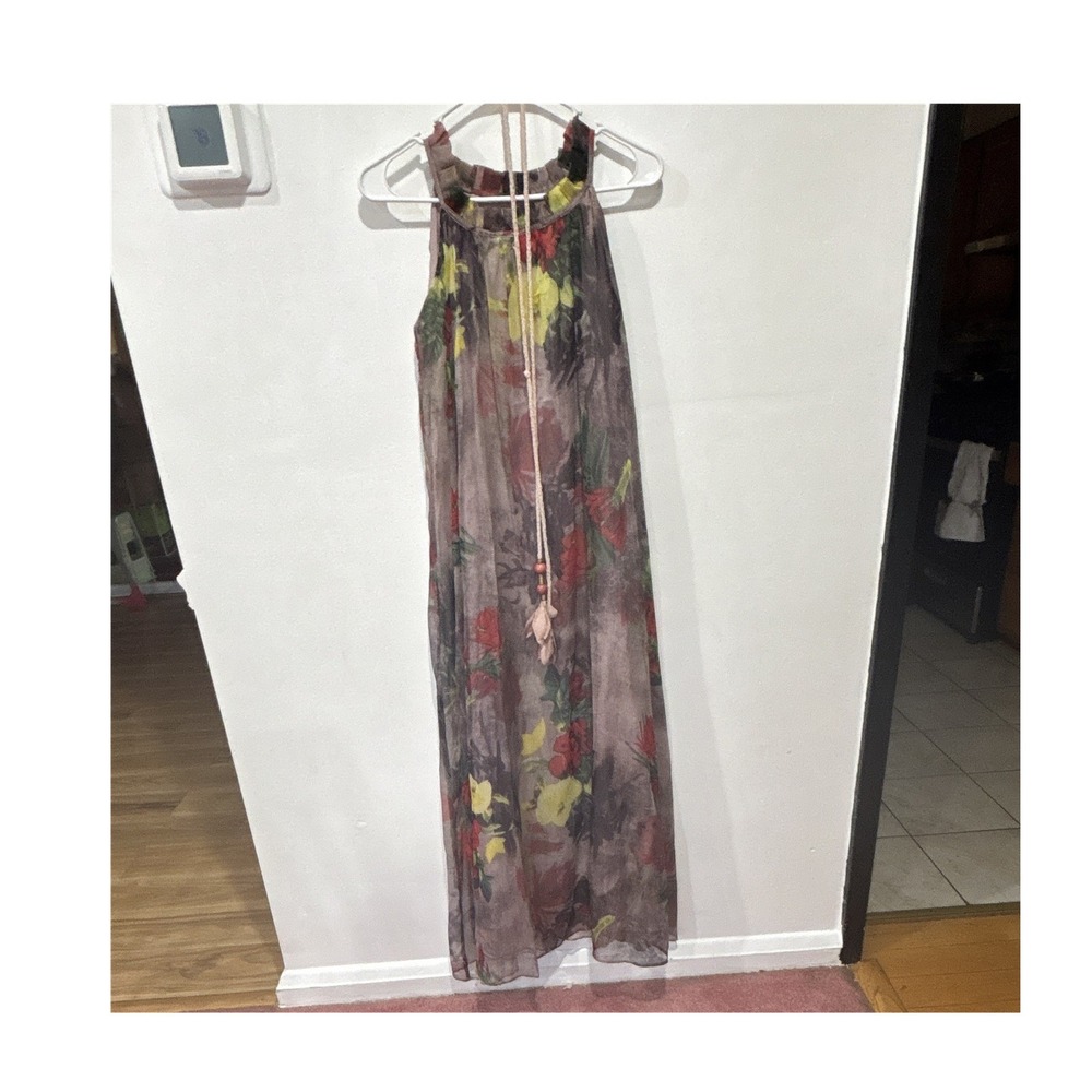 STYLEWE M Floral Chiffon Maxi Dress Halter Beaded Tasseled Tie Multicolor